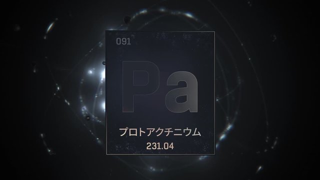 Protactinium as Element 91 of the Periodic Table. Seamlessly looping 3D animation on silver illuminated atom design background orbiting electrons name, atomic weight element number in Japanese languag