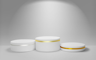 White winners podium 3D render. Awarding of winners of sports competitions. Round realistic pedestal. Vector illustration.