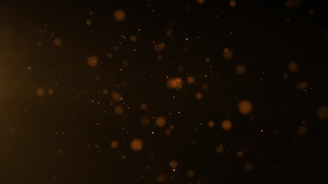 gold particles abstract background with shining golden Floating Dust Particles Flare Bokeh star on Black Background in Slow Motion. Futuristic glittering fly movement flickering loop in space.