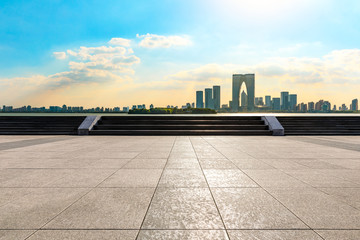 Empty square road and beautiful city skyline in Suzhou