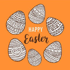 Vector happy easter eggs with pattern.Black doodle symbols of a happy holiday on a orange background. Background for postcards, poster, invitation, sale. Lettering happy easter and copy space