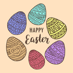 Vector illustration with easter eggs with doodle pattern. Black multicolored doodle symbols of a happy holiday on beige background. Background for postcards, poster, invitation,sale,lettering