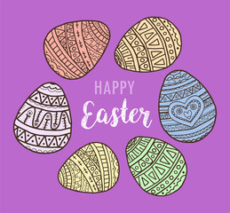Vector illustration with easter eggs with pattern.Black  doodle symbols of a happy holiday on lilac background. Background for postcards, poster, invitation, sale.Lettering happy easter and copy space