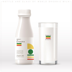 Bottle and glass of world organic milk with geometrical pattern on the label isolated on white background : Vector Illustration