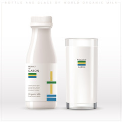 Bottle and glass of world organic milk with geometrical pattern on the label isolated on white background : Vector Illustration