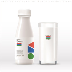 Bottle and glass of world organic milk with geometrical pattern on the label isolated on white background : Vector Illustration