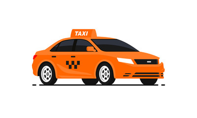 Car taxi illustration in flat style. Yellow cab side view. Pictogram isolated on white background.