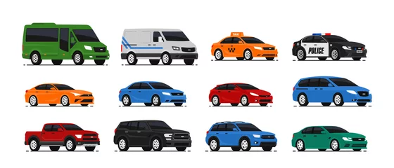 Wall murals Cartoon cars Car icons collection. Vector illustration in flat style. Urban, city cars and vehicles transport concept. Isolated on white background. Set of of different models of cars