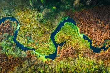 Fototapete Landschaften Blick von oben auf den Fluss und die Sümpfe im Herbst, Polen