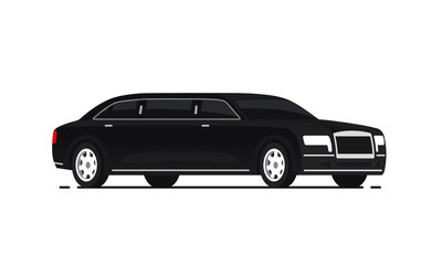 Fototapeta na wymiar Black limousine vector illustration. Isolated on white background. Limousine service concept. Side view.