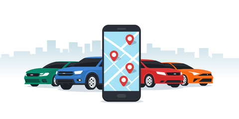 Car sharing and rent service. Online ordering for smartphone. Mobile app ordering automobile vehicle with location mark rent car sharing. Flat vector illustration. - obrazy, fototapety, plakaty