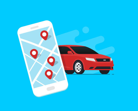 Car sharing and rent service. Online ordering for smartphone. Mobile app ordering automobile vehicle with location mark rent car sharing. Flat vector illustration.