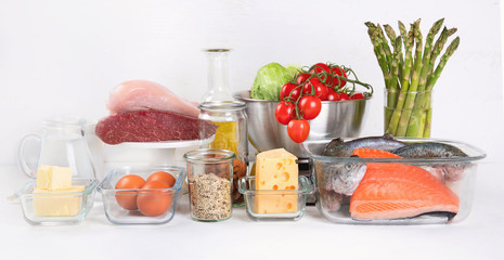Healthy low carbs products. Atkins  or keto diet concept. Front view