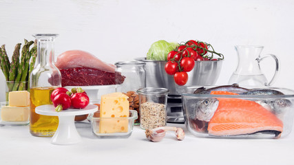 Healthy low carbs products. Atkins  or keto diet concept. Front view