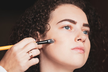 The work of a professional makeup artist. Closeup portrait of beautiful woman getting professional make-up with brush.