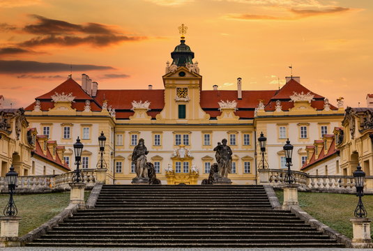 Beautiful castle in Valtice with wonderful sunset sky, South Moravia, popular travel destination in Czech Republic.