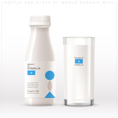 Bottle and glass of world organic milk with geometrical pattern on the label isolated on white background : Vector Illustration