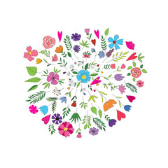 Round floral ornament. Different flowers and leaves in circle on white background.