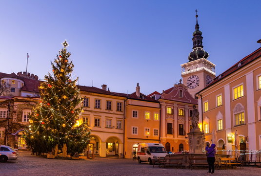 Night square in Mikulov with christmas tree, South Moravia, Czech Republic.
