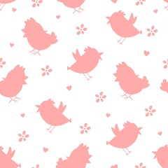 Seamless pattern with pink silhouette chick's, flowers.Happy Easter template. Simple print