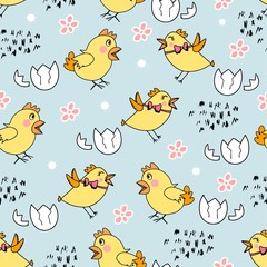 Seamless pattern with yellow chick's, flowers.Easter template. print on fabric,textile.Vector