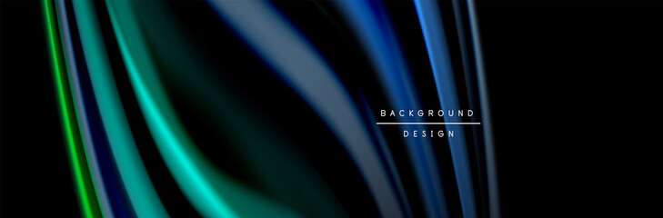 Silk and smooth flow wave poster design. Color waves, liquid style lines and shapes in black color background