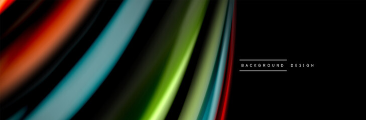 Silk and smooth flow wave poster design. Color waves, liquid style lines and shapes in black color background