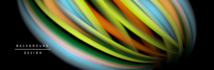 Сolorful flow poster. Wave liquid lines and shapes in black color background. Vector Illustration