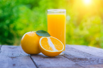 Composition with glass of orange juice over green garden. Healthy eating concept.