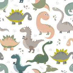 Seamless pattern with cartoon dinosaurs. Childish Dino vector illustration. 