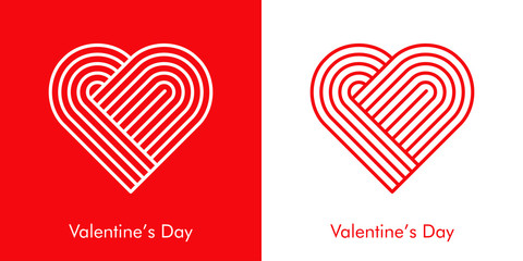 Día de san Valentín. Nudo entrelazado en forma de corazón. Icono plano lineal en fondo rojo y fondo blanco