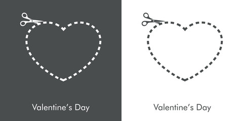 Día de san Valentín. Corazón recortable con tijera y línea punteada. Icono plano en fondo gris y fondo blanco © teracreonte