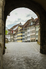 Under the gate to historic city center in Wil, Switzerland