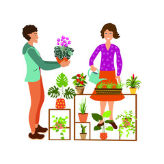 Girl and man caring for plants.Greenhouse with green bushes and flowers. Plants growing in pots.Modern vector illustration in flat cartoon style.