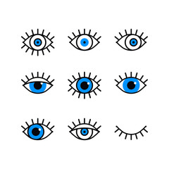 Open and closed eyes line icons set on white background. Look, see, sight, view sign and symbol. Vector linear graphic element. Optical and search theme in minimal design style. Eye with eyelashes.