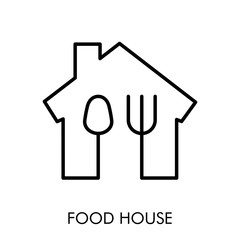 Logotipo restaurante. Icono plano lineal casa con tenedor y cuchara en color negro
