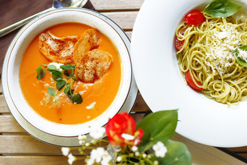 An exquisite culinary dish on a white table. Restaurant serving.
