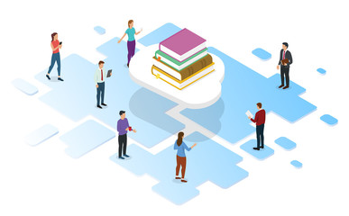 cloud library digital with books stack and people read book with isometric modern style