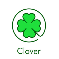 Logotipo abstracto con texto Clover con trébol lineal de 4 hojas en círculo con relleno en color verde