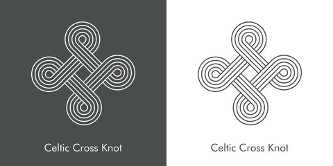 Nudo celta entrelazado en forma de cruz. Icono plano lineal abstracto en fondo gris y fondo blanco