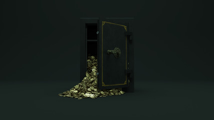 Gold Coins Spilling out of a Old Safe Dark Kino Lighting Setup 3d illustration 3d render