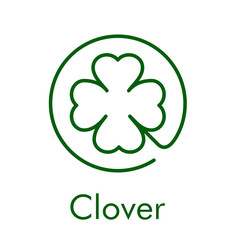 Fototapeta premium Logotipo abstracto con texto Clover con trébol lineal de 4 hojas en círculo en color verde