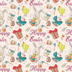 holiday Easter seamless illustration pattern contour color drawing eggs chickens rabbit style Doodle for decoration design background isolated