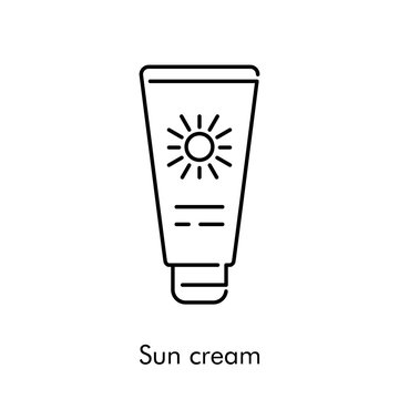 Concepto vacaciones de verano. Icono plano lineal tubo de crema solar en color negro