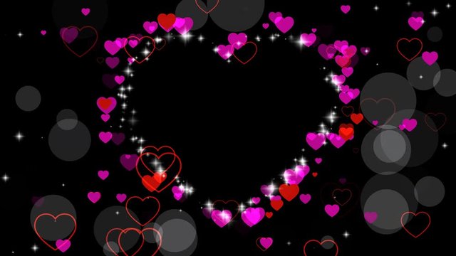 Valentine's day animated frame of hearts for overlay on video. Greeting love frame of hearts. Festive border decoration of hearts, bokeh, for valentine's day. Place for text. Alpha, seamless loop