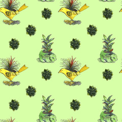 Pattern on a colored background with flower pots in the form of birds and hares