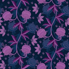 Intricate seamless pattern with blue and violet floral ornament. Beautiful print for fabric and textile.