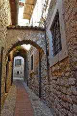 Veroli, Italy, 01/03/2020. A narrow street between the old houses of a medieval village