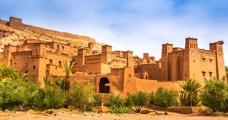 Amazing view of Kasbah Ait Ben Haddou near Ouarzazate in the Atlas Mountains of Morocco. UNESCO World Heritage Site since 1987. Artistic picture. Beauty world. - obrazy, fototapety, plakaty
