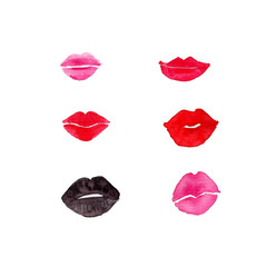 Watercolor set of lips. Fashion illustration. Abstract background. Sex, lust, love. Lipstick advertisement.